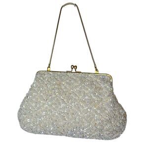 Vintage 60’s Cream Hand Beaded Clutch Purse Evening Bag Bridal Sparkle Hong Kong